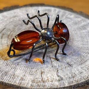 Handcrafted Amber & sterling silver ant or spider (?) brooch